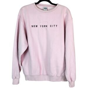 Vintage 90s Pink New York City NYC Pullover Sweatshirt Crew Neck Embroidered M
